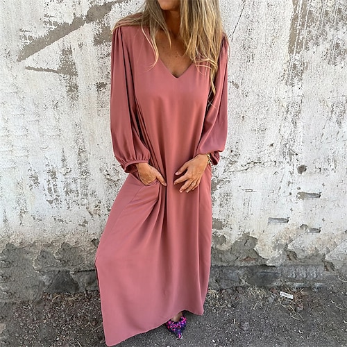 Damen Langes Kleid Maxikleid Freizeitkleid Maxidress Sommerkleid Stilvoll Lässig Laternenärmel Täglich Urlaub Date Normale Passform Einfach Langarm V Ausschnitt Rosa Rote Khaki Sommer Frühling Image