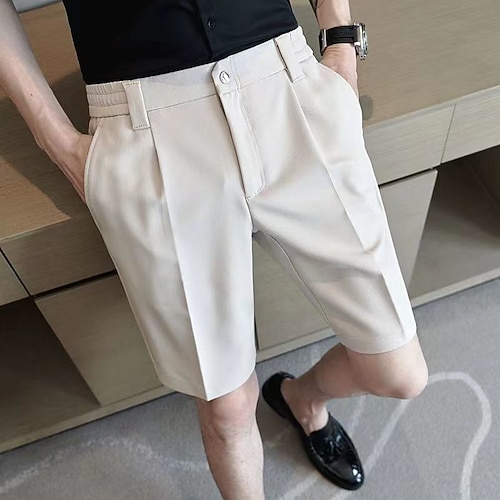 Herren Shorts Kurze Hosen Kleid-Shorts Tasche Elastische Taille Gerade geschnitten Glatt Komfort Kein Eisen Knielänge B¨¹ro Geschäft Täglich Modisch Strassenmode Schwarz Khaki Image