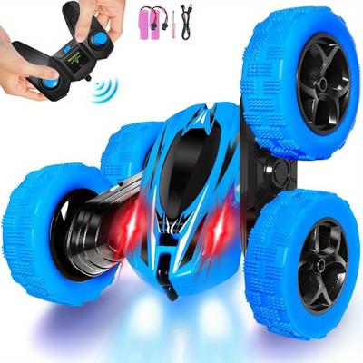 TEMU 2024 Remote Control Car For Kids Ages 6+, Rc Cars Stunt Car Toy 4wd Double Sided 360Â° Rotating Remote Control With Headlights, Birthday Gifts For Boys 6 7 8 9 12 Blue