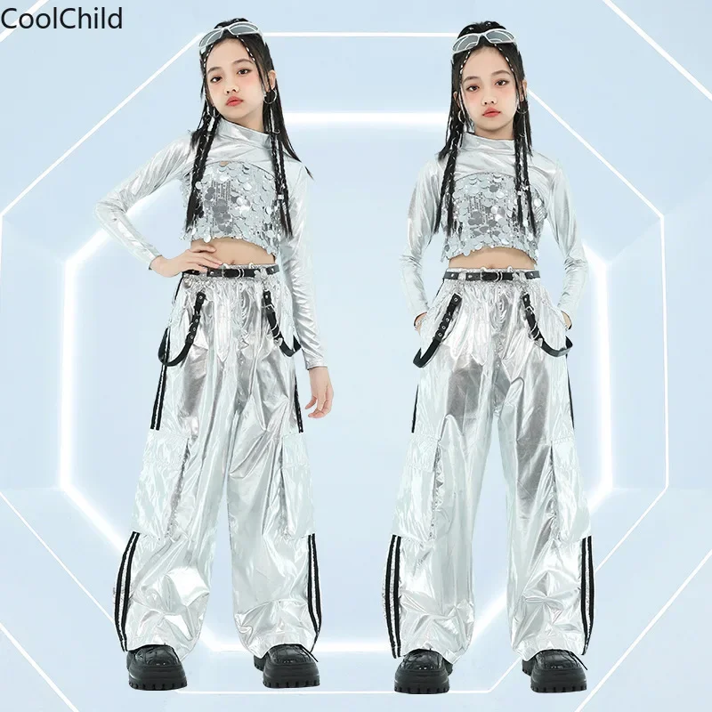 Mädchen K-pop Pailletten Crop Top Street Dance Silber Cargo Hosen Kinder Streetwear Kinder Jazz Kostüme Glänzende Hip Hop Kleidung Sets