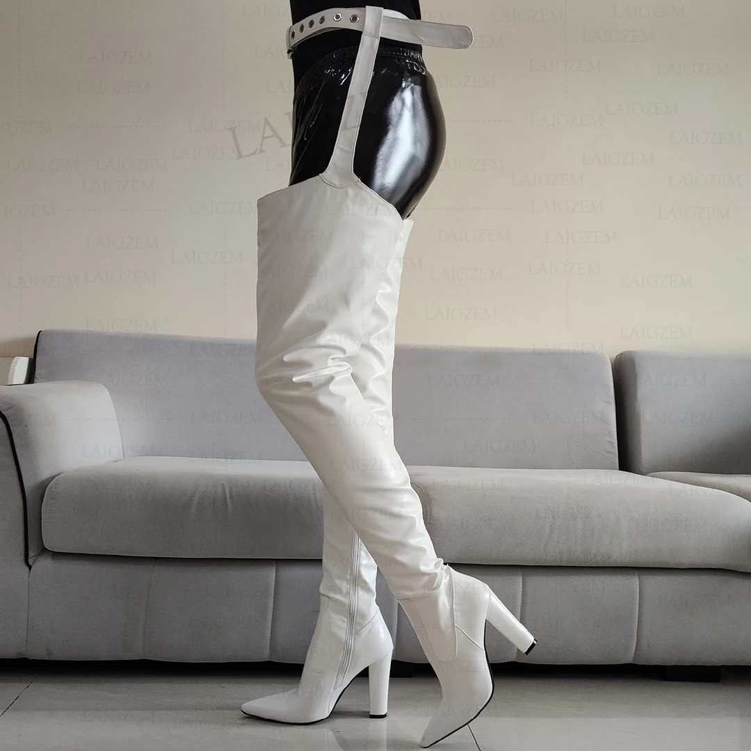 LAIGZEM Oberschenkelhohe Chap-Stiefel, seitlicher Reißverschluss, klobige Blockabsätze, Stiefel mit Gürtel, Overknee-Stiefel, Schuhe für Damen, Party, große Größe 39, 43, 46 47 Image