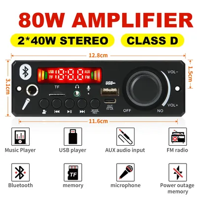 80W Amplifier DIY MP3 Decoder Board 6.5mm Microphone 12V Car MP3 Player Bluetooth 5.0 FM Radio TF