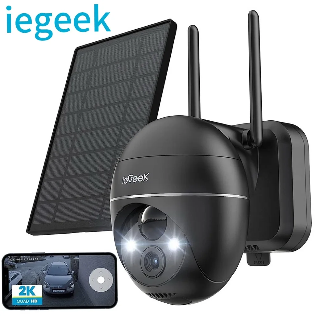 ieGeek 5MP Außenüberwachungskamera mit Akku, PTZ-Überwachungskamera für den Außenbereich, WLAN mit Solarpanel, PIR-Bewegungsmelder, 2,4 G