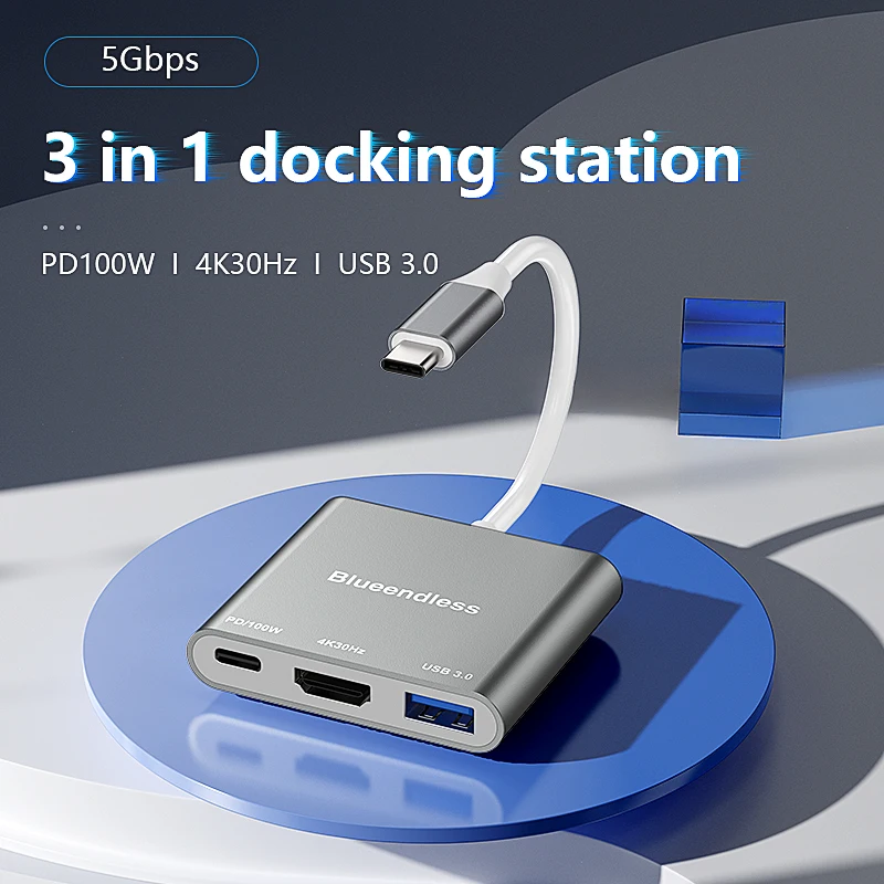 Blueendless 3-in-1-USB-C-Hub Typ C auf HDMI-kompatibler Adapter Typ C auf USB 3.0-Ladekonverter für Laptop MacBook Image