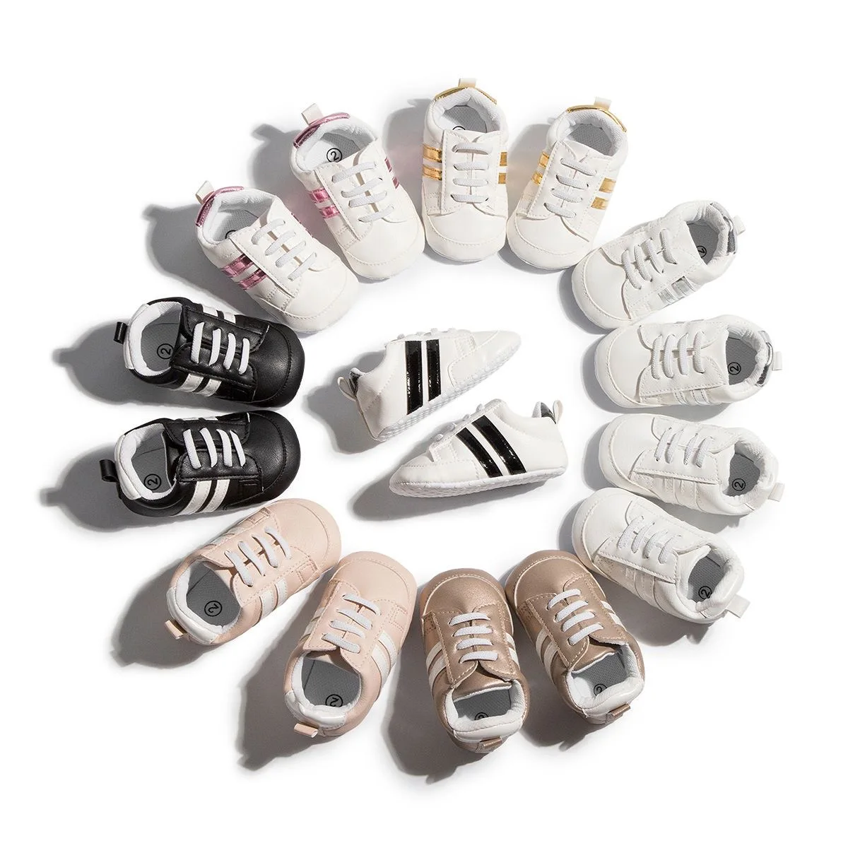 Baby-Turnschuhe, klassischer Sport, weiche Sohle, PU-Leder, Streifen, mehrfarbig, First Walker Newbor Baby-Schuhe für Jungen und Mädchen Image