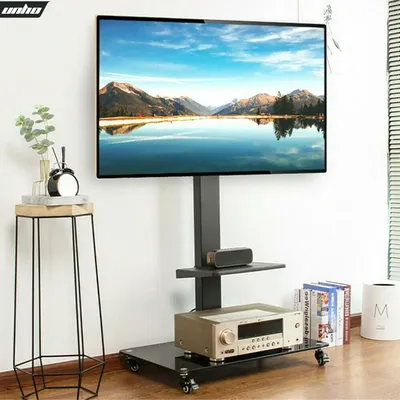 Neigbarer, höhenverstellbarer TV-Bodenständer, Displaywagen mit feststellbaren Rädern, zwei Regale, kostenloses HD-Kabel für 32–65 Zoll