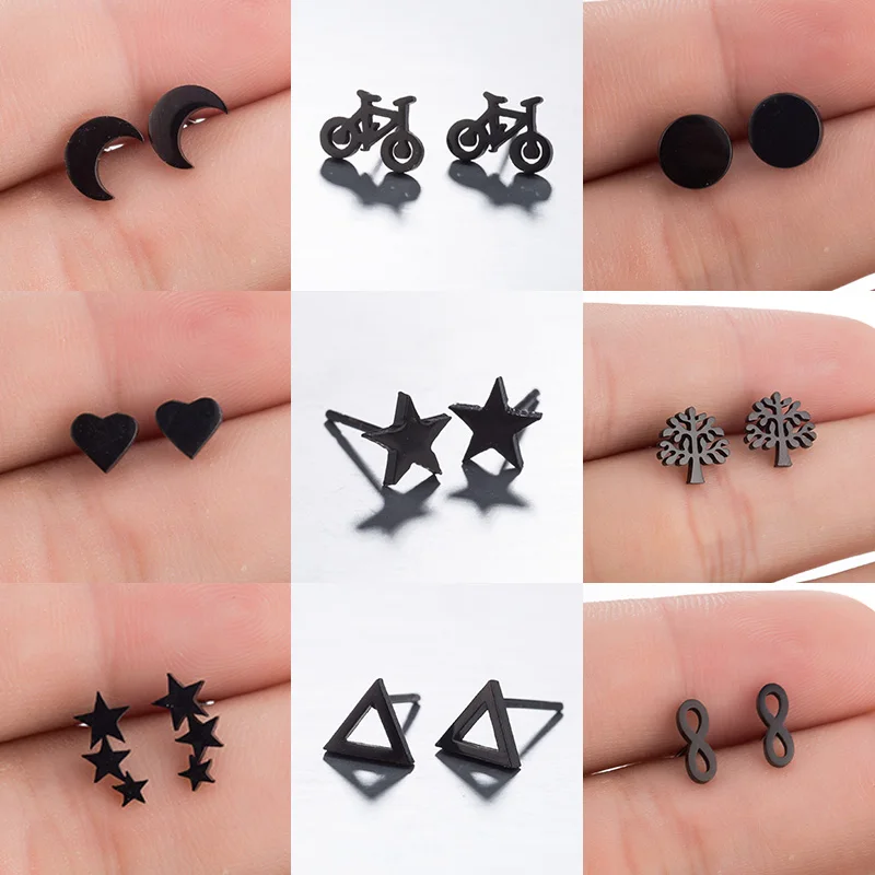 Mini Edelstahl Ohr stecker Ohrringe schwarz minimalist ischen runden Stern Dreieck Herz Baum Ohrringe für Frauen Männer Schmuck cooles Geschenk Image