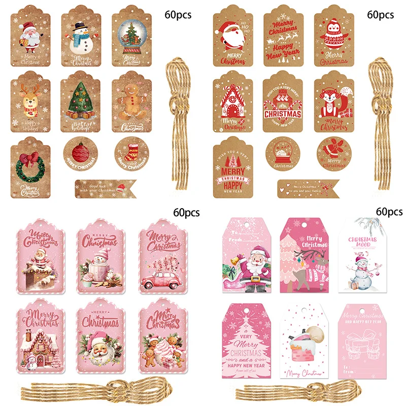 60 Stück Weihnachtsgeschenkanhänger, rosa Vintage-Papieretiketten, Hängeetiketten, Kraftpapier, hängende Etiketten, Weihnachtsgeschenkverpackung, Zuhause, Party-Dekoration Image