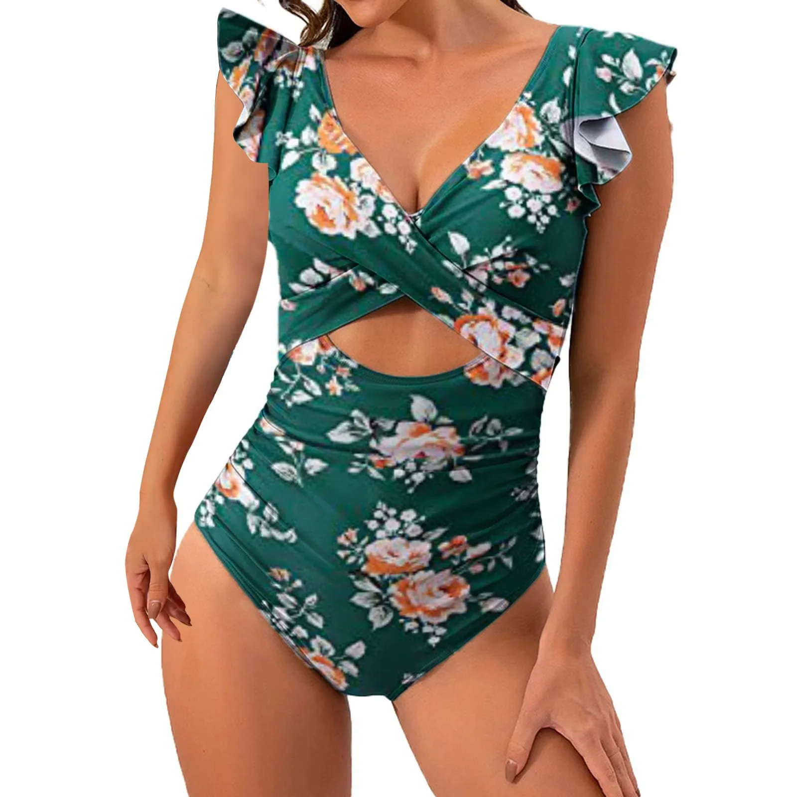 Einteiliger Badeanzug mit kontrastierendem Netzstoff, V-Ausschnitt, bedruckt, rückenfrei, Bauchkontrolle, hoch geschnittener Badeanzug, Damen-Badebekleidung und Kleidung Image