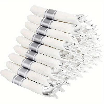 TEMU Supernal 60 Plastic Silverware, Pre Rolled Silverware, Premium Disposable Silver Cutlery, Suit For Wedding, Catering Event, Birthday, Party