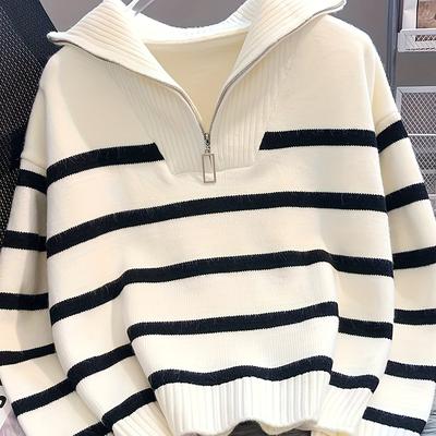 TEMU Chic Striped Zip-up Sweater For Women - Cozy & , Spring/fall, Machine Washable