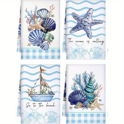 TEMU 4pcs 18*26inch Christmas Ocean Theme Kitchen Towels, Beach Turtle Ocean Animal Hand Washing Dish Towels, Starfish Housewarming Gift Kitchen Cooking Decoration, Reusable