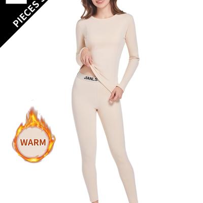 TEMU 2pcs Women's Warm Underwear Set, Polyester Knit Fabric, Solid Color, Long Sleeve Round Neck Top With Pants, Thermal Base Layer For Fall/winter