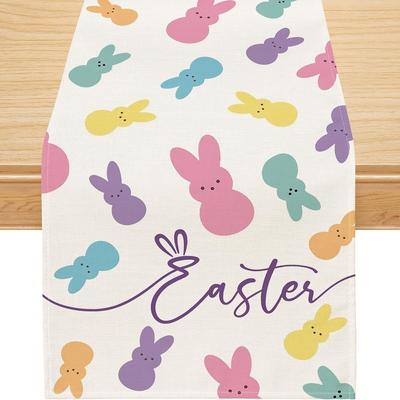 TEMU 1pc Easter Bunny Table Runner - 100% Linen Woven Rectangular Table Decor With Design For Spring Holiday Indoor Outdoor Dining Decoration