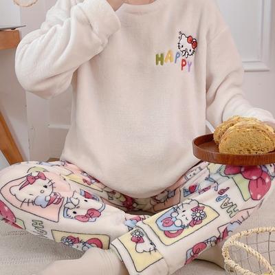 TEMU Cozy Winter Plush Hello Kitty Pajama Set For Girls - Cute Cartoon Pattern, Long Sleeve & Pants, Soft Polyester, Non-transparent, Round Neck Sleepwear & Loungewear