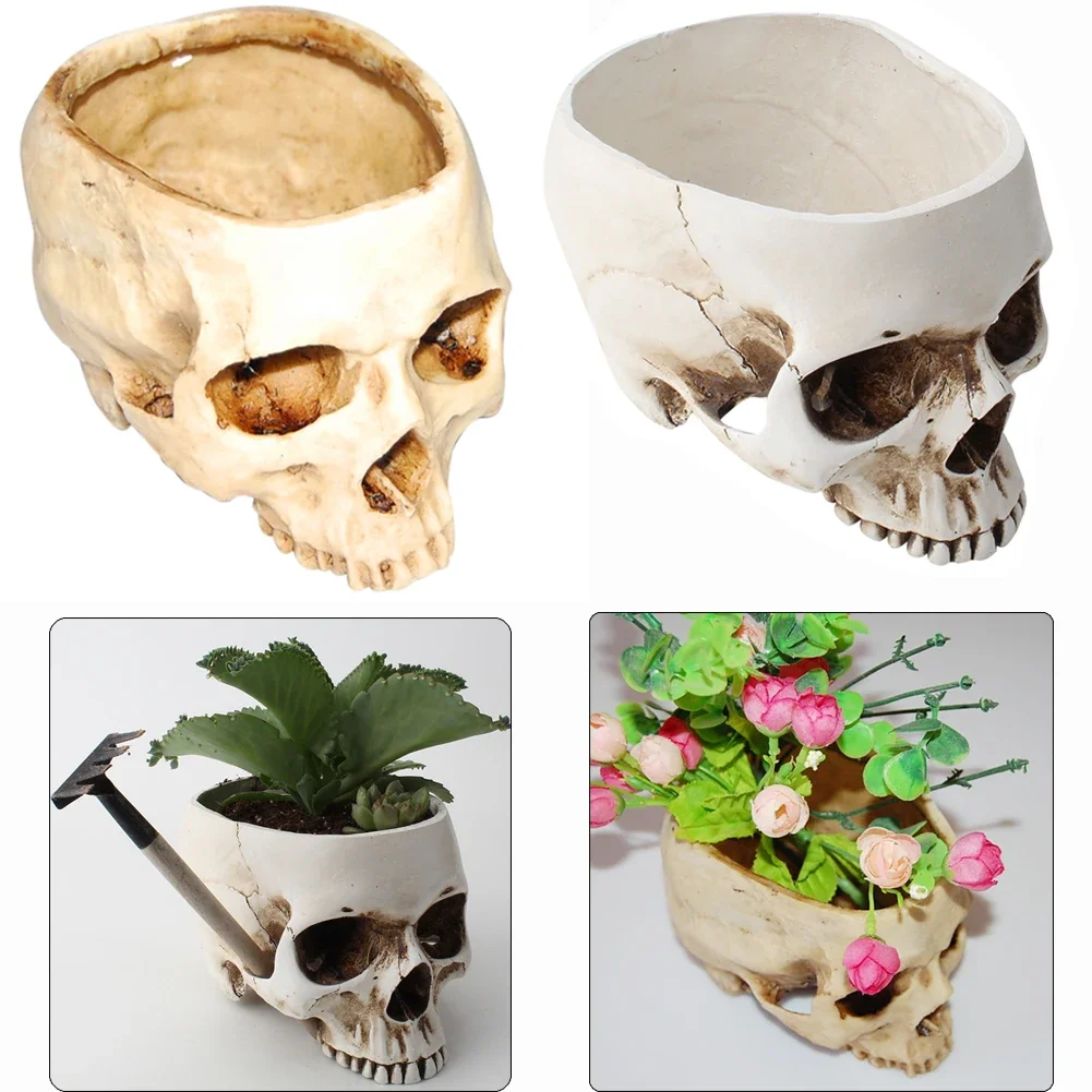 Harz Menschlicher Schädel Modell Blumentopf Glänzende Phantasie Multifunktionale Obst Platte Lagerung Container Tank Container Wohnkultur Handwerk Image
