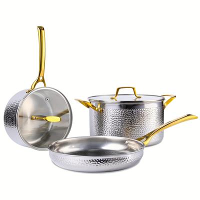 TEMU 5pcs Stainless Steel Pots Pans Set, Luxury Golden Tri-ply Clad Hammered Cookware Set, Professional Chef Grade Home Cooking & Heavy Duty & Non-toxic, Induction Oven & Dishwasher Safe, 5-piece