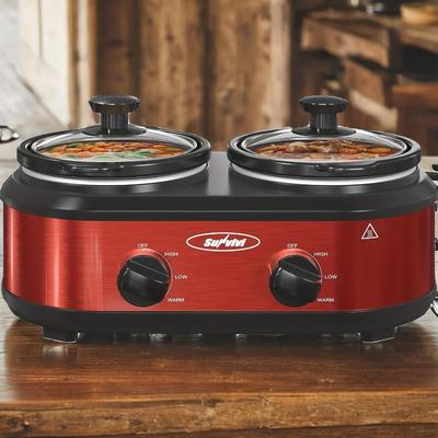 TEMU Royalcraft Double Slow Cooker, 2 Pot Small Mini Crock Buffet Servers And Warmer, Oval Manual Slow Cooker With Adjustable Temp Removable Ceramic Pot, Stainless Steel, .5