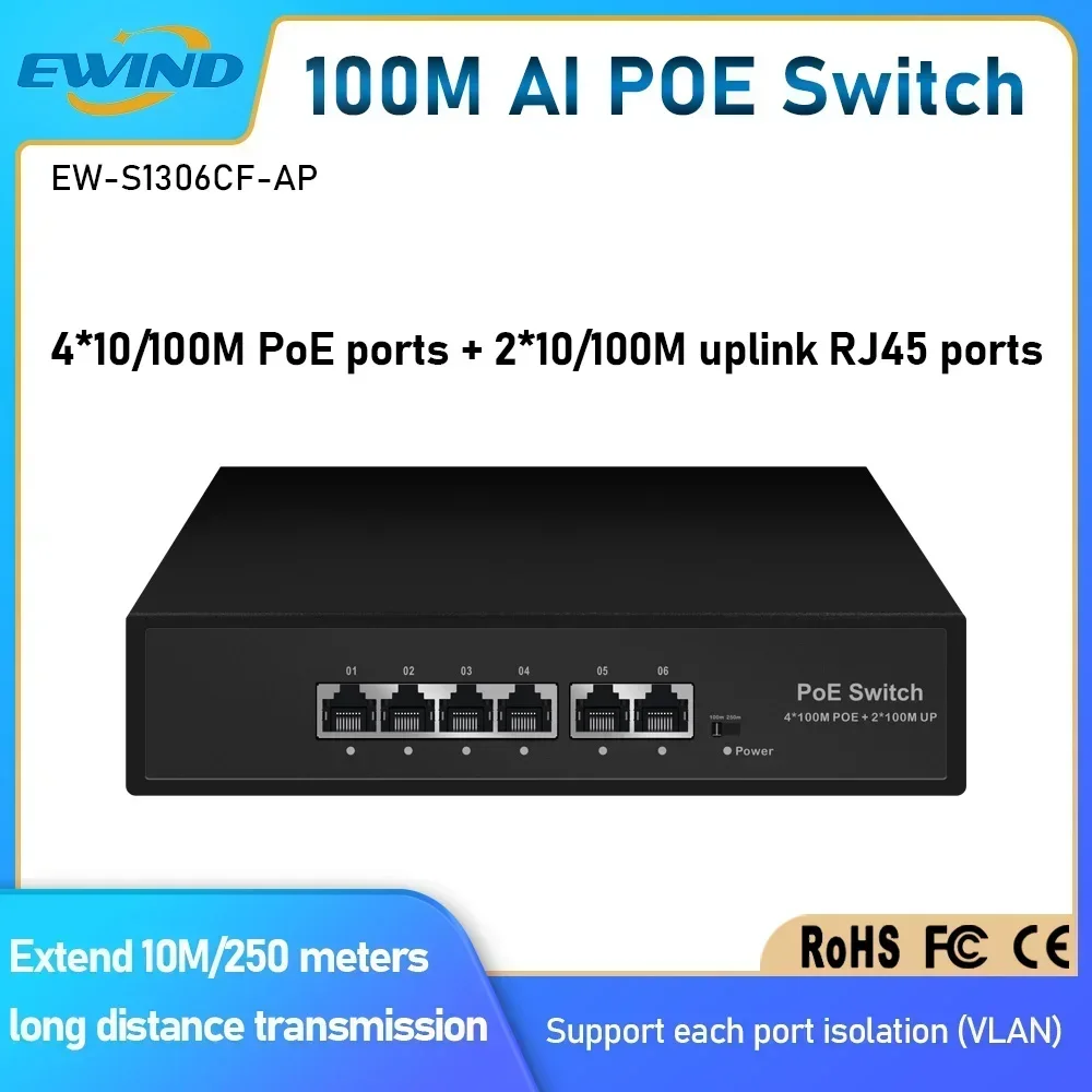EWIND POE-Switch, 6 Ports, 10/100 Mbit/s, AI-Smart-Ethernet-Switch mit 2 Uplink-RJ45-Ports, AI-Smart-Switch für IP-Kamera/Wireless AP Image