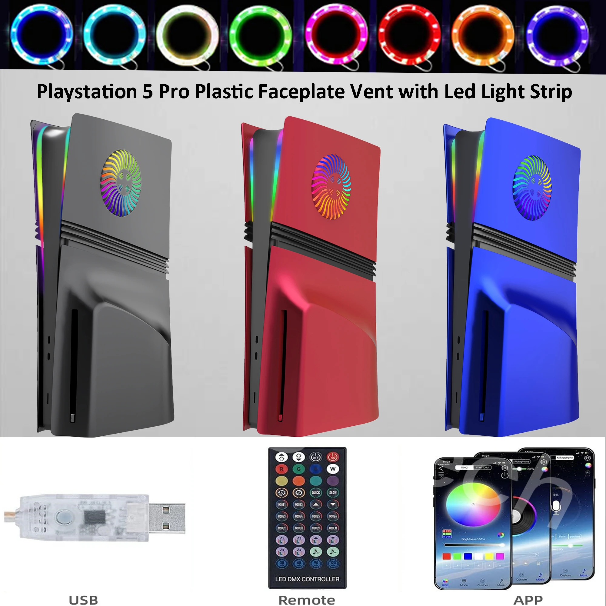 DIY-Dekorationsset mit Frontplatte für PS5 Pro Disc Edition mit RGB-Lichtleiste und Kühlöffnungen, 400+ Effekte, LED-Ring-Konsolenabdeckung Image