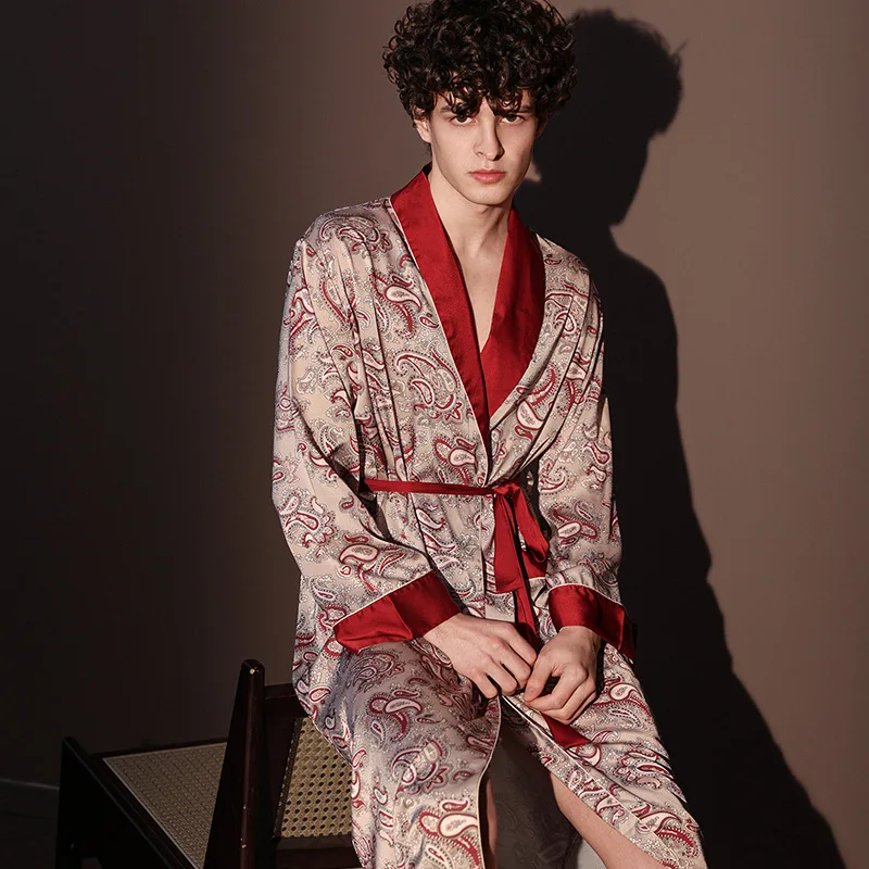 Hohe Qualität Satin Pyjamas Anzug Männlichen Sommer männer Bademäntel Eis Seide Dünne Nachtwäsche Männlichen Langarm Roben Vier Jahreszeiten yukata Image