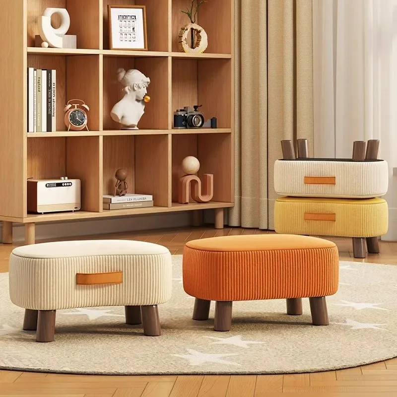 Kleine Seife aus massivem Holz, rund, langlebig und einfach, Sofa, niedriger Wohnzimmer-Couchtischhocker, Schuhwechselhocker aus Stoff Image