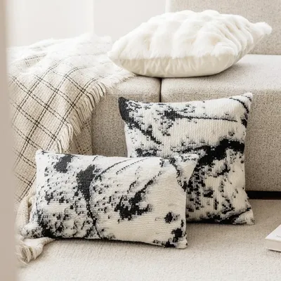 Cremefarbener Kissenbezug, schwarz-weißer Plüsch, abstrakte Jacquard-Kissenbezüge, moderne, leichte, Image