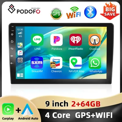 Podofo 9'' 4Core Car Stereo 2Din HiFi Multimedia Player GPS Navigation Carplay Android Auto WIFI 2+64G Bluetooth FM Car Audio