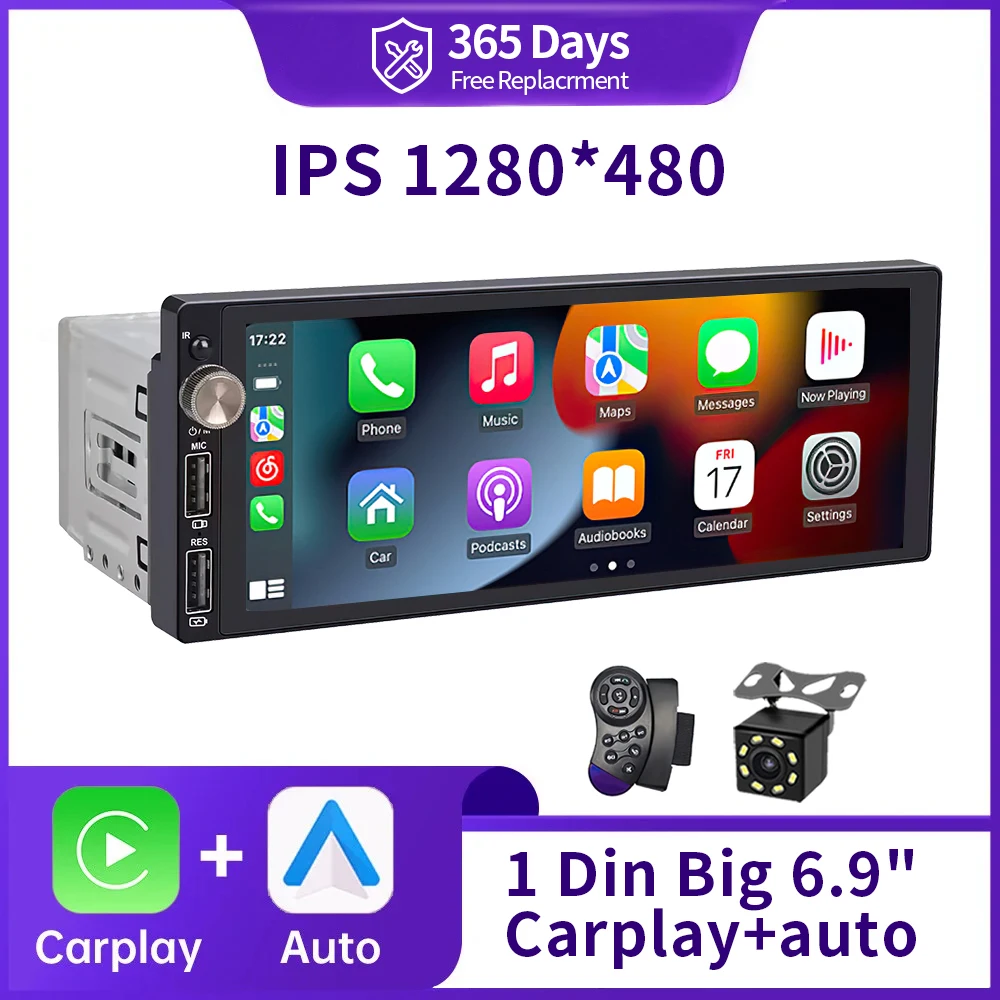 IPS 6.9 pouces 1Din filaire Carplay Android Auto Autoradio multimédia vidéo MP5 lecteur écran tactile universel Autoradio stéréo