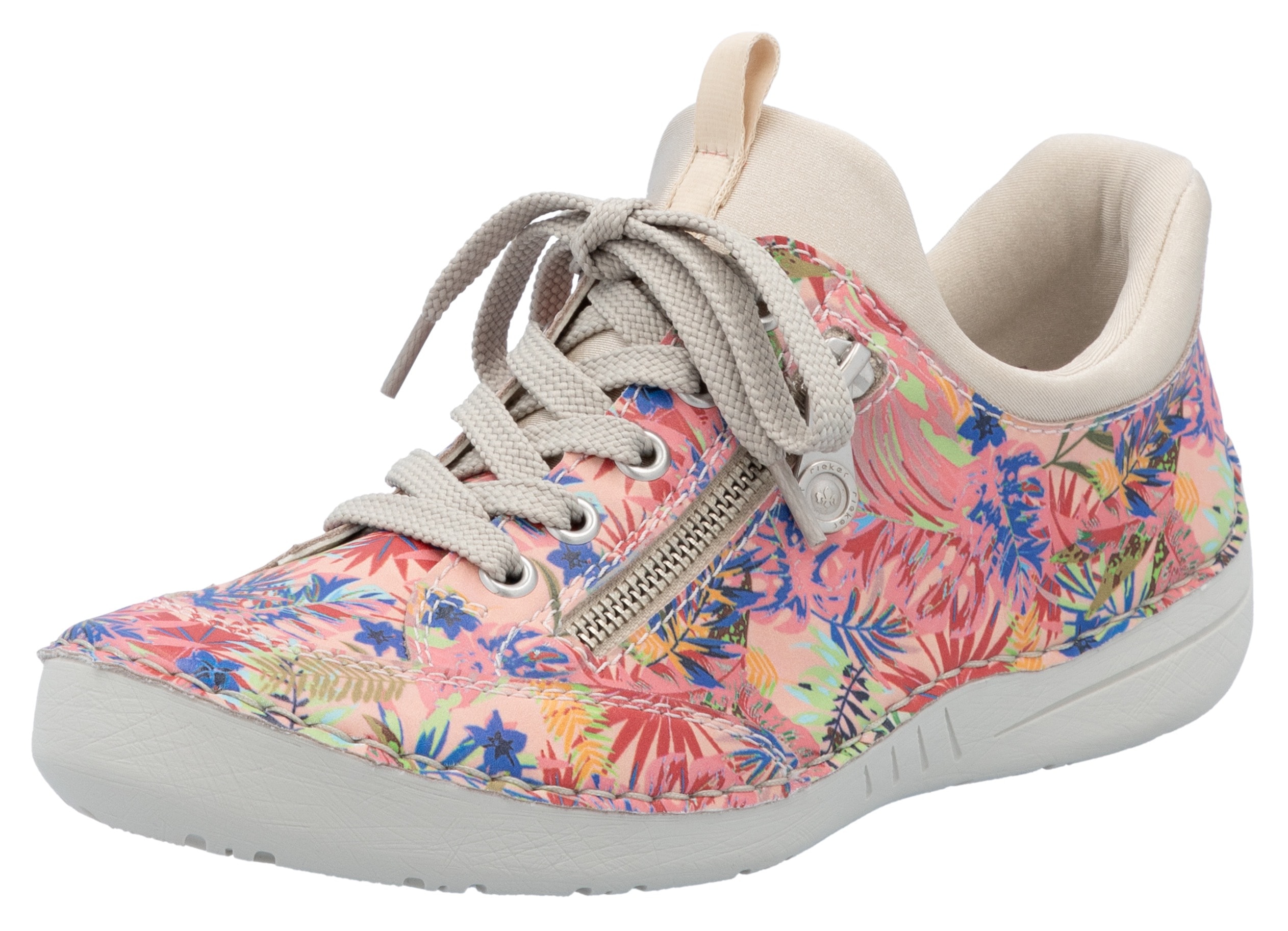 Slip-On Sneaker RIEKER, Damen, Gr. 39, bunt (beige multi), Lederimitat, Textil, geblümt, Schuhe Sneaker, Freizeitschuh, Halbschuh, Schlupfschuh mit aufgesetzter Schnürung