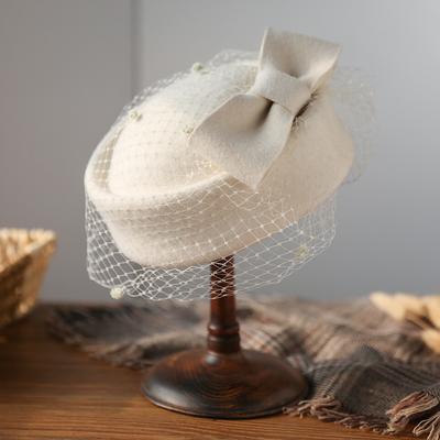 Women's British Style Pillbox Church Derby Wedding Winter Vintage Fascinator Beret Wool Felt Veil Hat