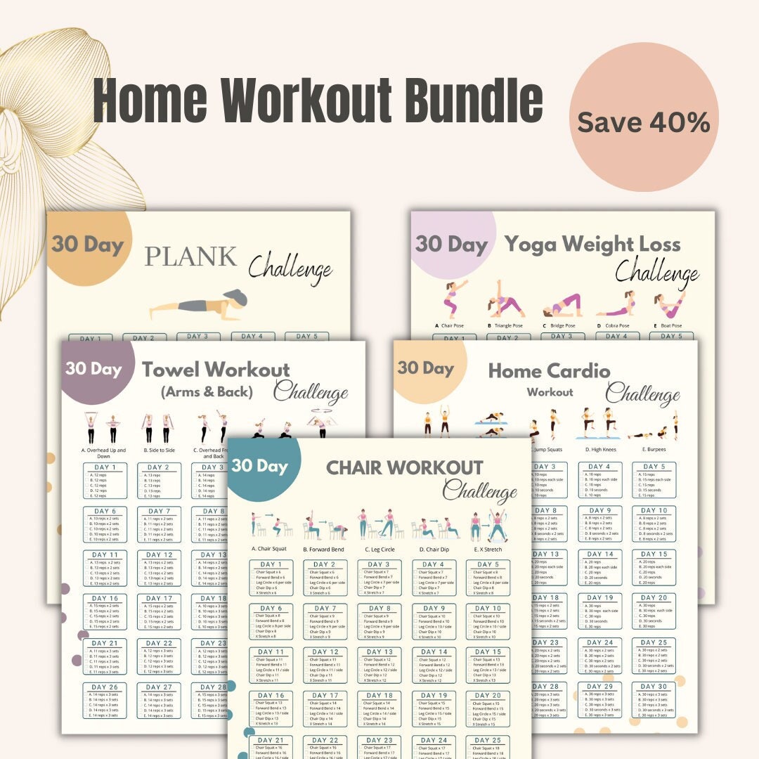 Pacchetto di sfide di allenamento a casa di 30 giorni / Sfida di fitness digitale / Planner di esercizi stampabile / Sfida di fitness a casa / Fitness