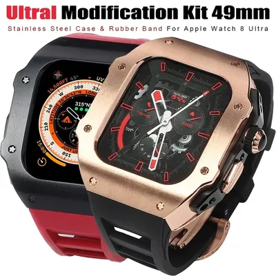Stainless Steel Modification Kit For Apple Watch 8 Ultra 49mm 7 6 5 4 SE 44MM 45MM Case Sport Band iWatch Rubber Refit Mod