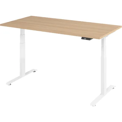 bümö höhenverstellbarer Schreibtisch 160 x 80 cm in Eiche, Gestell weiß - Höhenverstellbar Elektrisch Stehpult mit 3-fach Speicher, Computertisch, Image