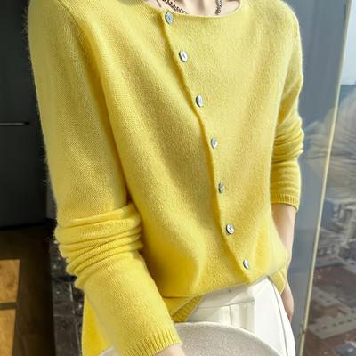 TEMU 1pc Elegant Acrylic Knit Cardigan - 58% Acrylic 24% Polyester 18% Polyamide, Long Sleeve Crew Neck Sweater With 10-button Single Row Design, Casual Loose Fit Solid For Spring/fall