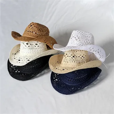 Fashion Hollowed Handmade Cowboy Straw Hat Round Collapsible Western Cowboy Beach Hat Photo Props Western Sunshade Cap