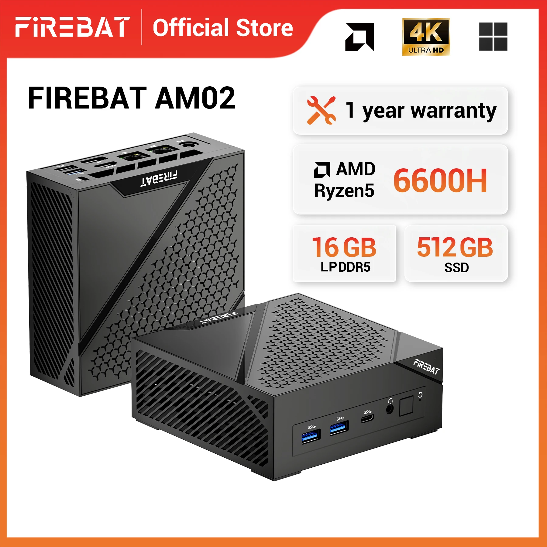 FIREBAT AM02 MINI PC AMD Ryzen 5 6600H LPDDR5 16GB 6400MHz RAM M.2 512GB SSD WIFI6 BT5.2 Portable Windows11 Desktop Computer