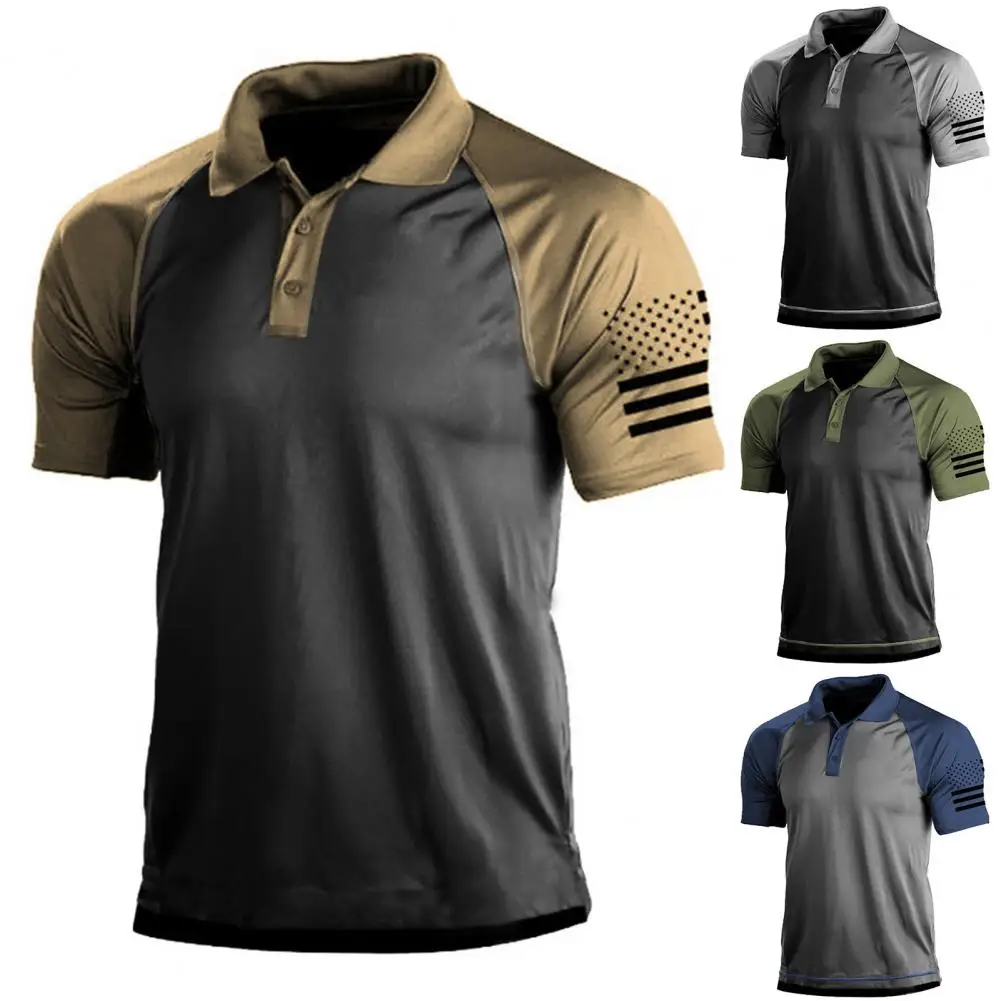 T-shirt da uomo in colore patchwork con stampa bandiera T-shirt sportiva per uomo Bottoni con risvolto Scollatura T-shirt da uomo a maniche corte T-shirt sportive