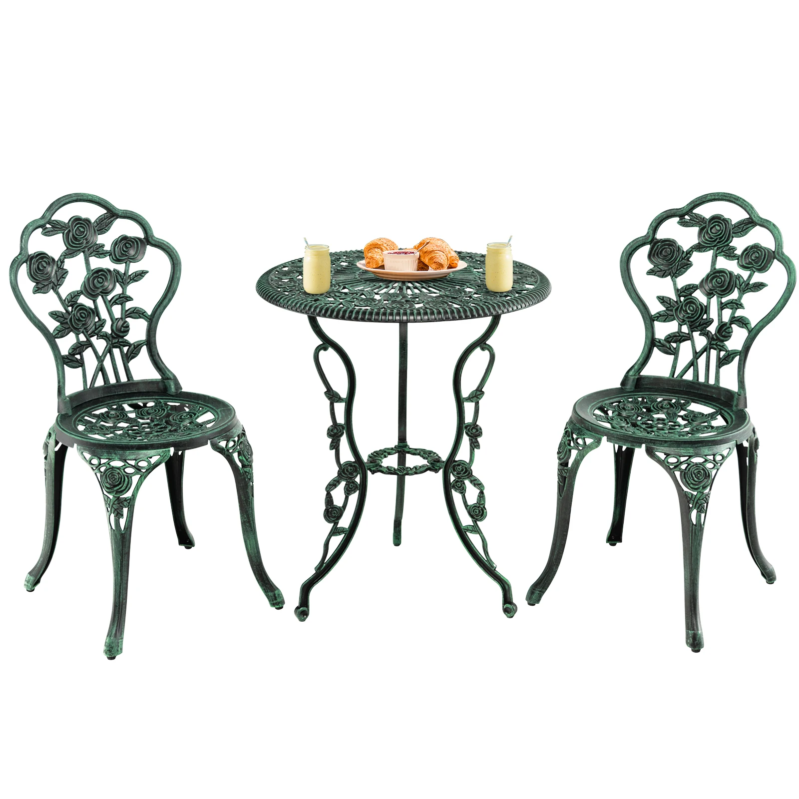 Salon de Jardin 3Pcs en Fonte Aluminium, Ensemble 2 Chaises et 1 Table Ronde Style Antique avec Motif Rose Chaise Charge 150 kg, pour Balcon Terasse Jardin, Vert