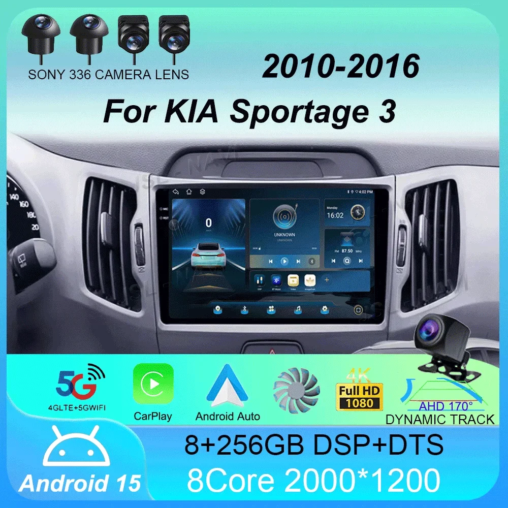 Autoradio Android 15 sans fil CarPlay Auto pour KIA Sportage 3 2010-2015 2016 4G + WIFI lecteur vidéo multimédia GPS 2din Autoradio
