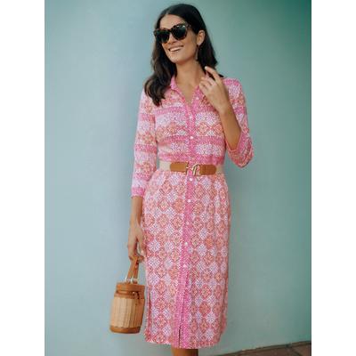 J.McLaughlin Women's Kailyn Dress in Garden Mosaic Waves Hot Pink/Orange, Size Large | Nylon/Spandex/Catalina Cloth