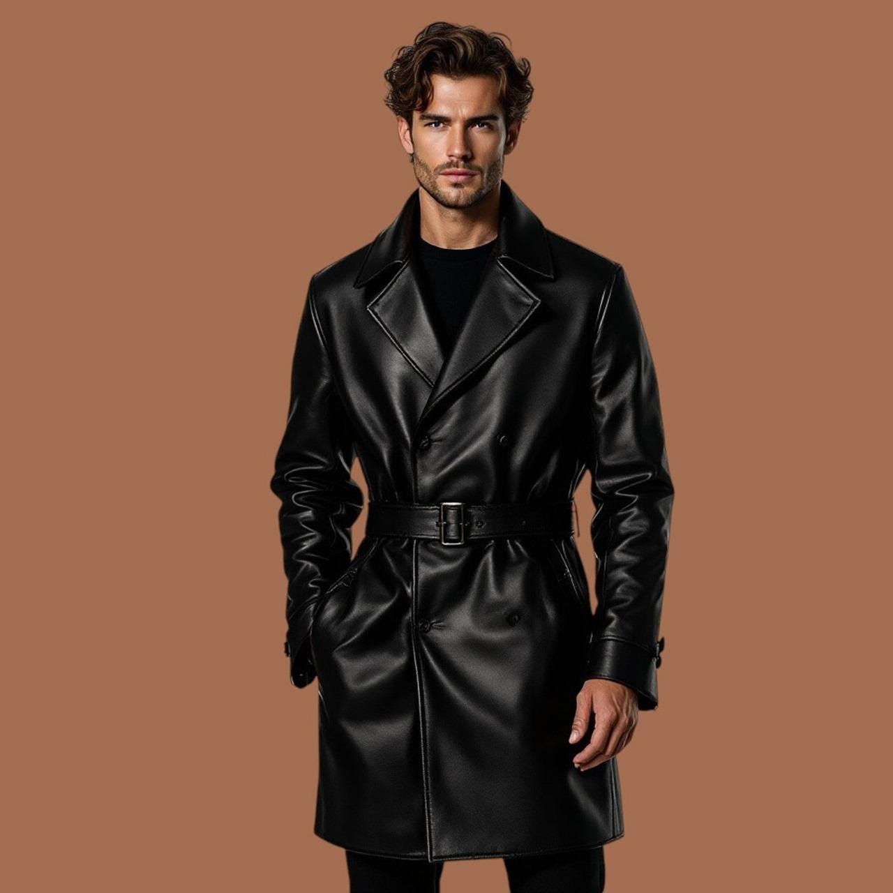 Trench in vera pelle fatto a mano per uomo Cappotto in pelle nera fatto a mano per uomo Cappotto in pelle con cintura Classico cappotto in pelle regal
