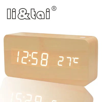 Wooden LED Alarm Clock modern Style Temperature Sounds Control Calendar LED Display Electronic