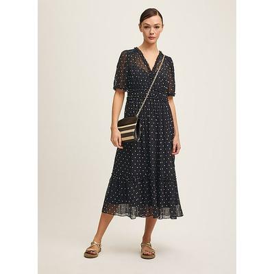 Gigi Black & Birch Plissè Polkadot Midi Dress, Black