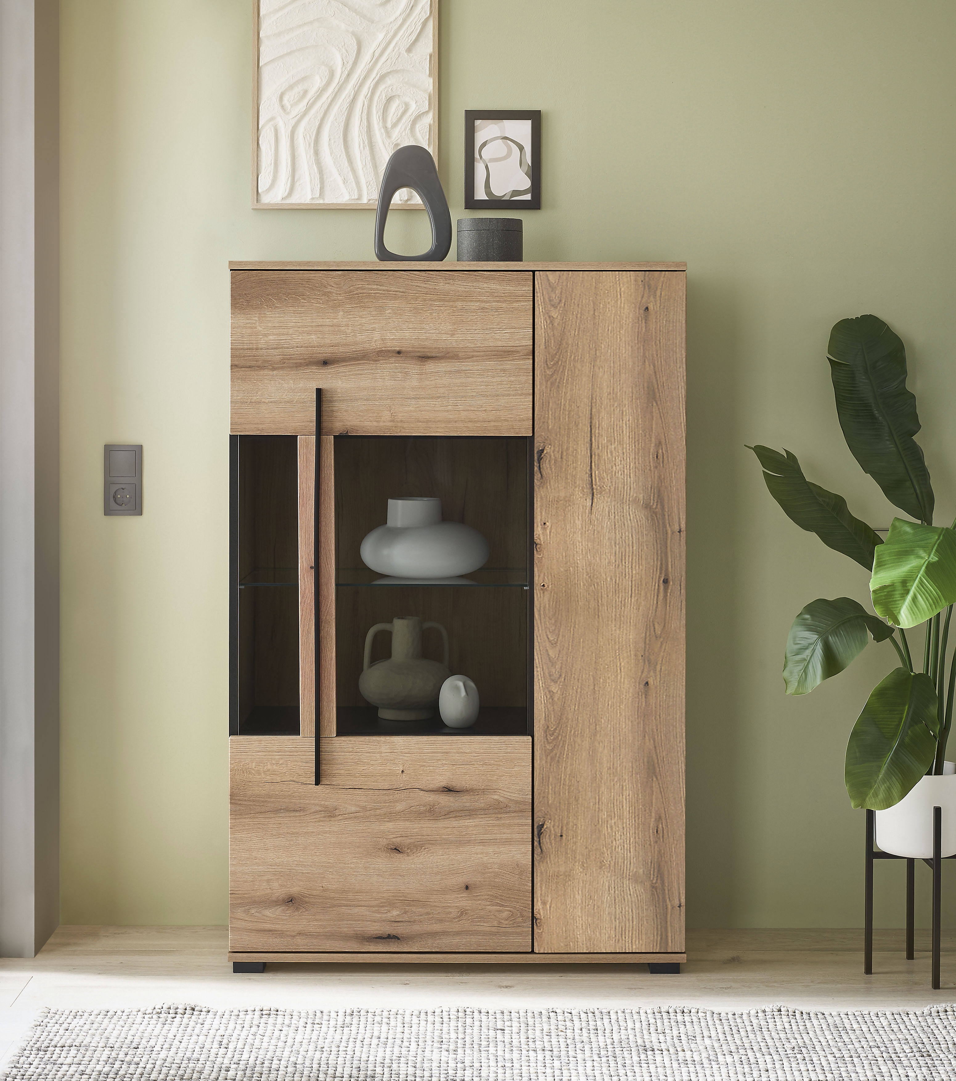 Vitrine INOSIGN "Cantara, Vitrinenschrank in Eiche Evoke oder weiß, Standvitrine", eiche evoke, B:90cm H:140cm T:37cm, FSC-zertifizierter Holzwerkstoff, Schränke, Vitrine, schwarzer Stangengriff, ausreichend Stauraum, vielseitig einsetzbar