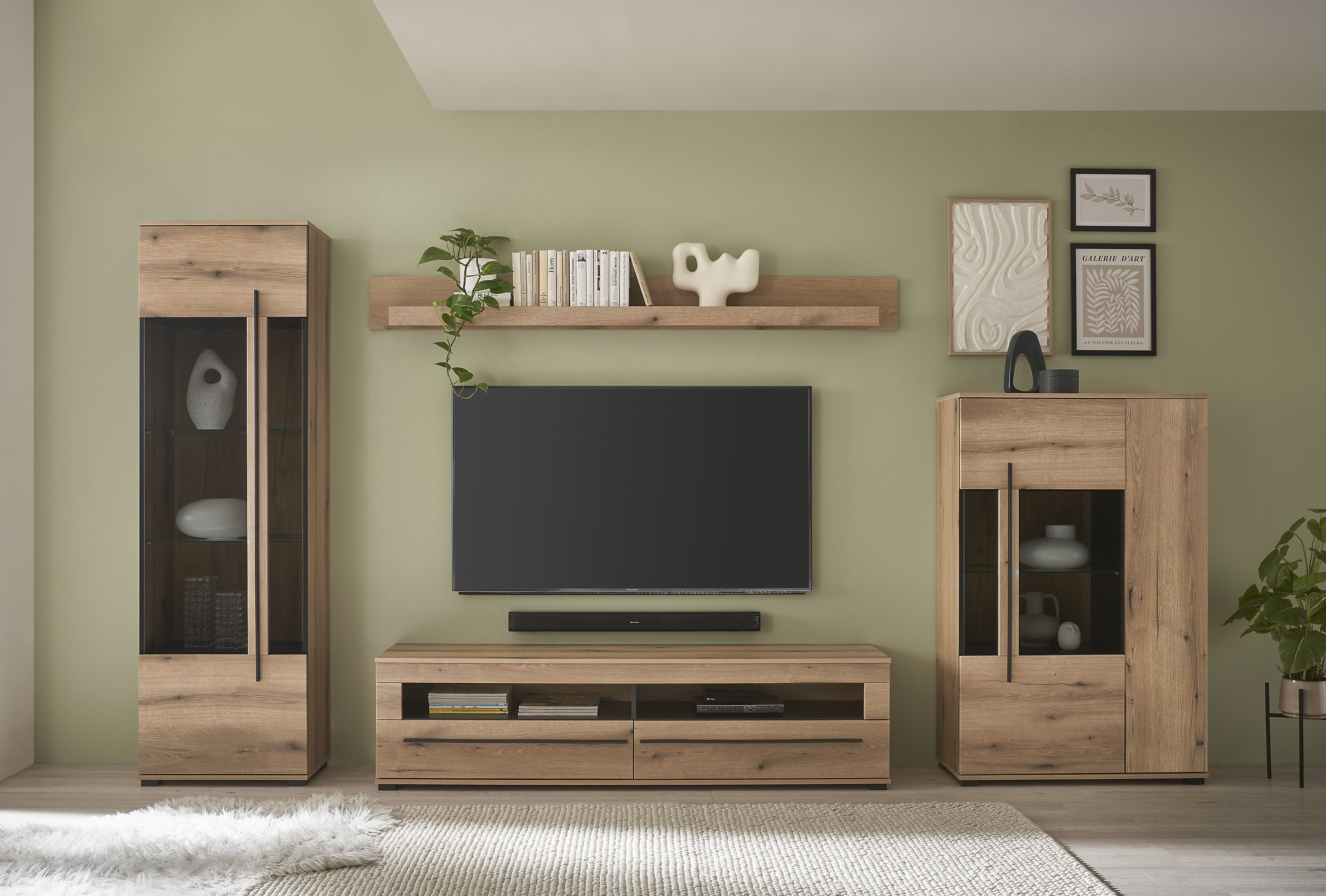 Wohnwand INOSIGN "Cantara, moderne Anbauwand, Wohnzimmer-Set, in Eiche Evoke oder Weiß", eiche evoke, B:350cm H:200cm T:42cm, Holzwerkstoff, Kastenmöbel-Sets, Wohnwand, enthält zwei Vitrinen, ein Lowboard und ein Wandboard