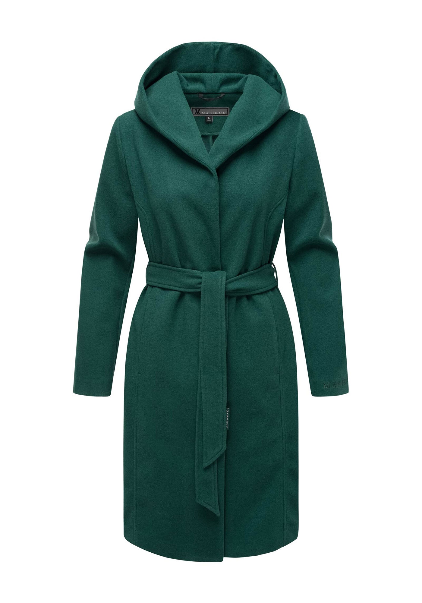 Kurzmantel MARIKOO "Kailii", Damen, Gr. XS, grün (evergrün), 90% Polyester, 10% Viskose, Mäntel Kurzmantel, Eleganter Wickel Mantel mit Taillengürtel und Oversized Hood Kapuze