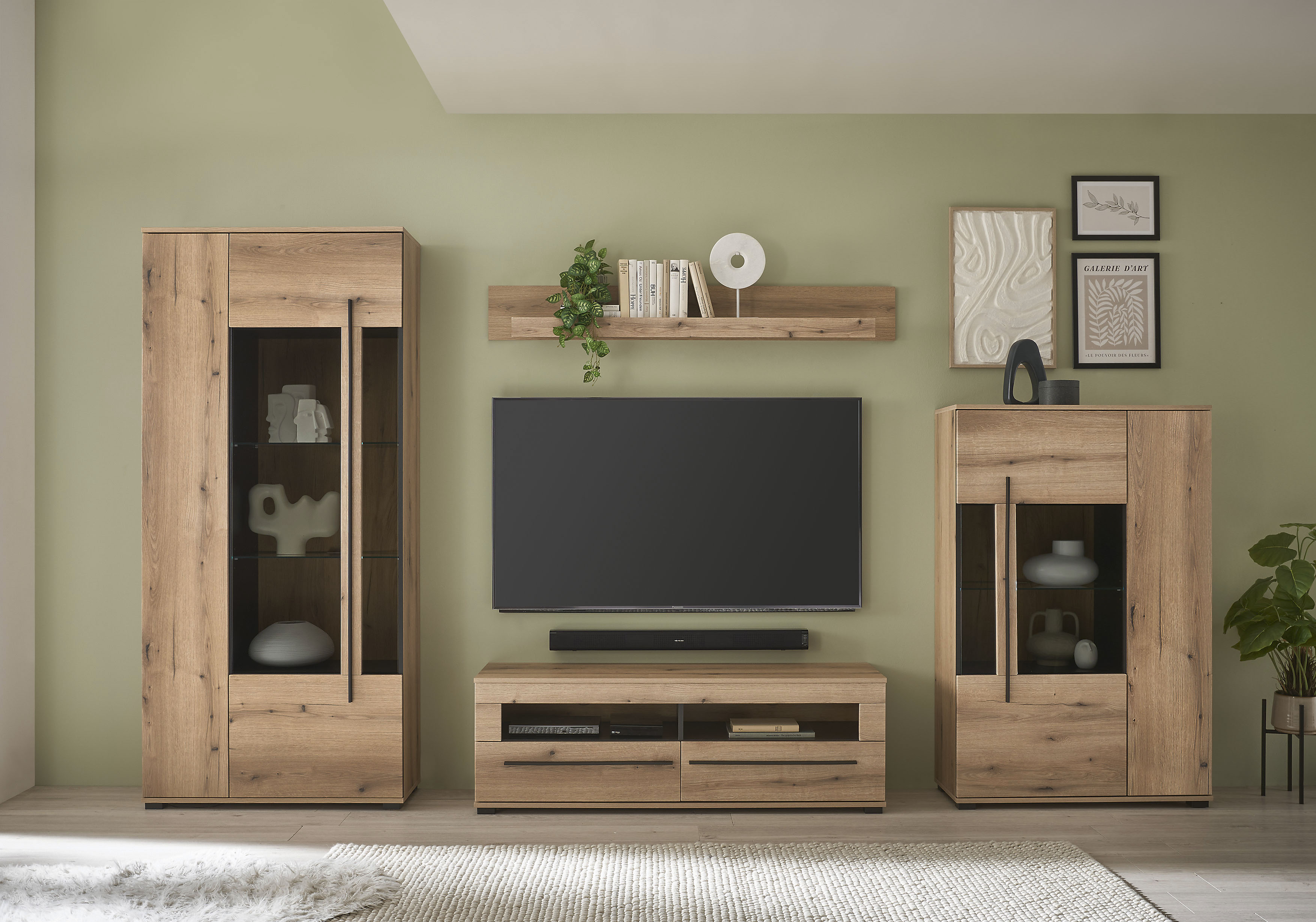 Wohnwand INOSIGN "Cantara, moderne Anbauwand, Wohnzimmer-Set, in Eiche Evoke oder Weiß", eiche evoke, B:340cm H:200cm T:42cm, Holzwerkstoff, Kastenmöbel-Sets, Wohnwand, enthält zwei Vitrinen, ein Lowboard und ein Wandboard