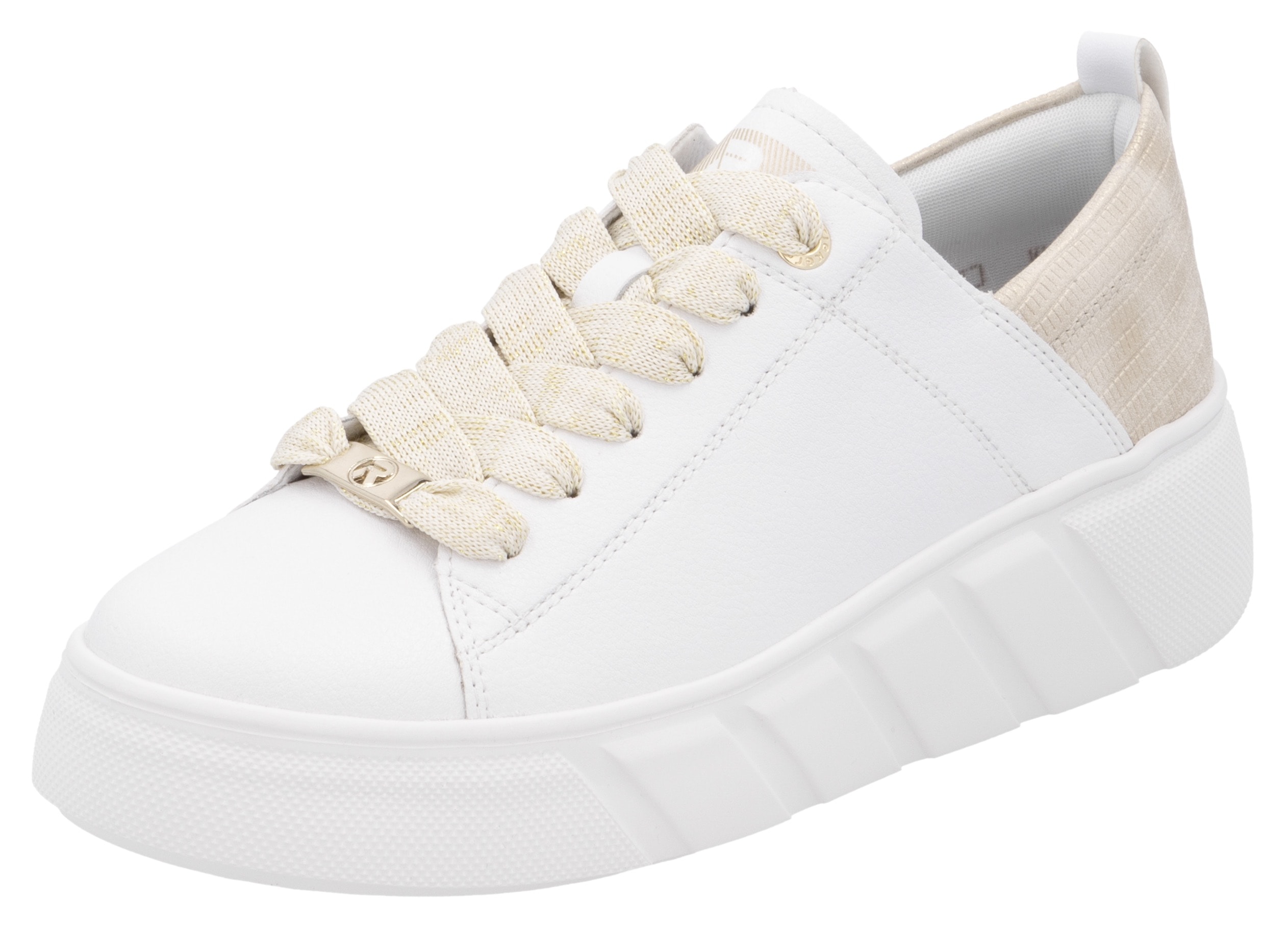 Plateausneaker RIEKER SPORT, Damen, Gr. 42, beige (weiß, hellbeige), Leder, Lederimitat, kontrastfarbene Details, Schuhe Plateausneaker, Schnürschuh, Halbschuh, Freizeitsneaker mit Soft-Einlage