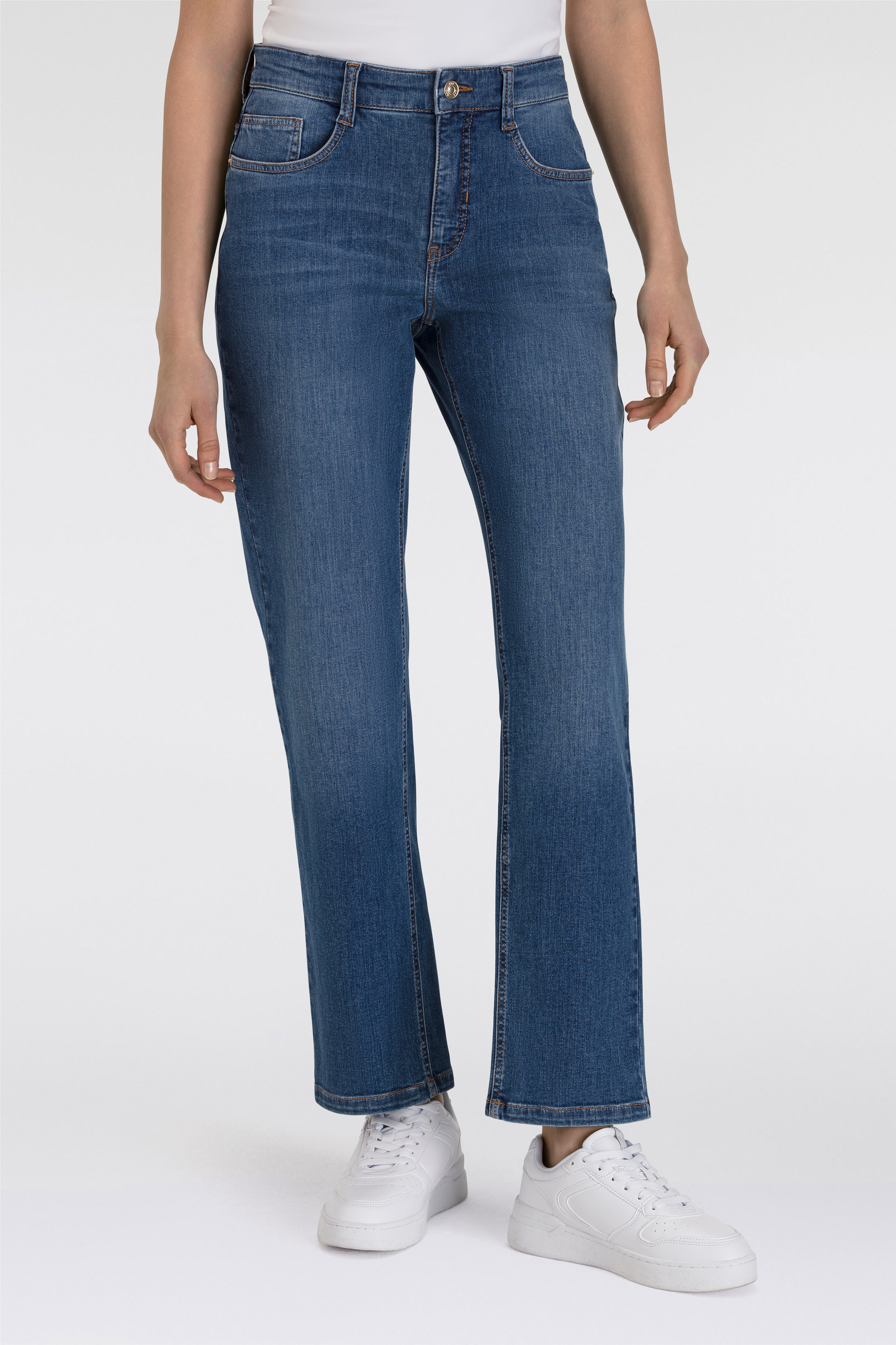 Bequeme Jeans MAC "Stella", Damen, Gr. 48, Länge 30, blau (medium blau authentic use), Denim/Jeans, Obermaterial: 91% Baumwolle, 7% Elastomultiester, 2% Elasthan, comfort fit knöchellang, Jeans, Gerader Beinverlauf